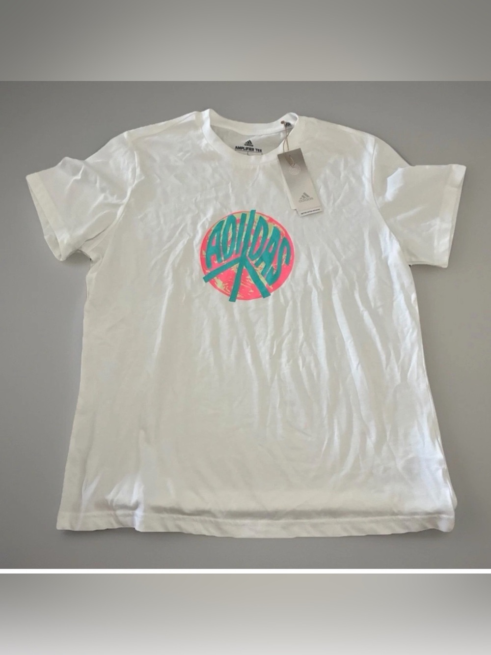 adidas White Tee with Neon Pink and Teal Peace Logo
